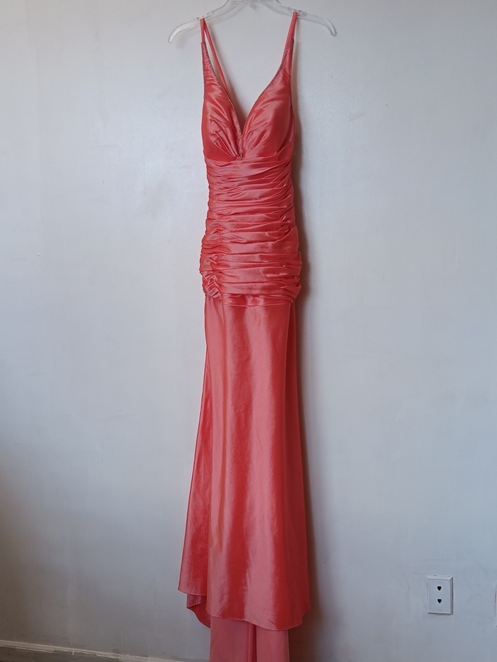 Kiss Coral Ruched Satin V-Neck Maxi Dress